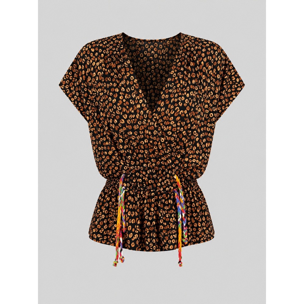 Carole Little Petites Vintage 90s Rayon Gauze Coffee Bean Print Tassel Blouse 6